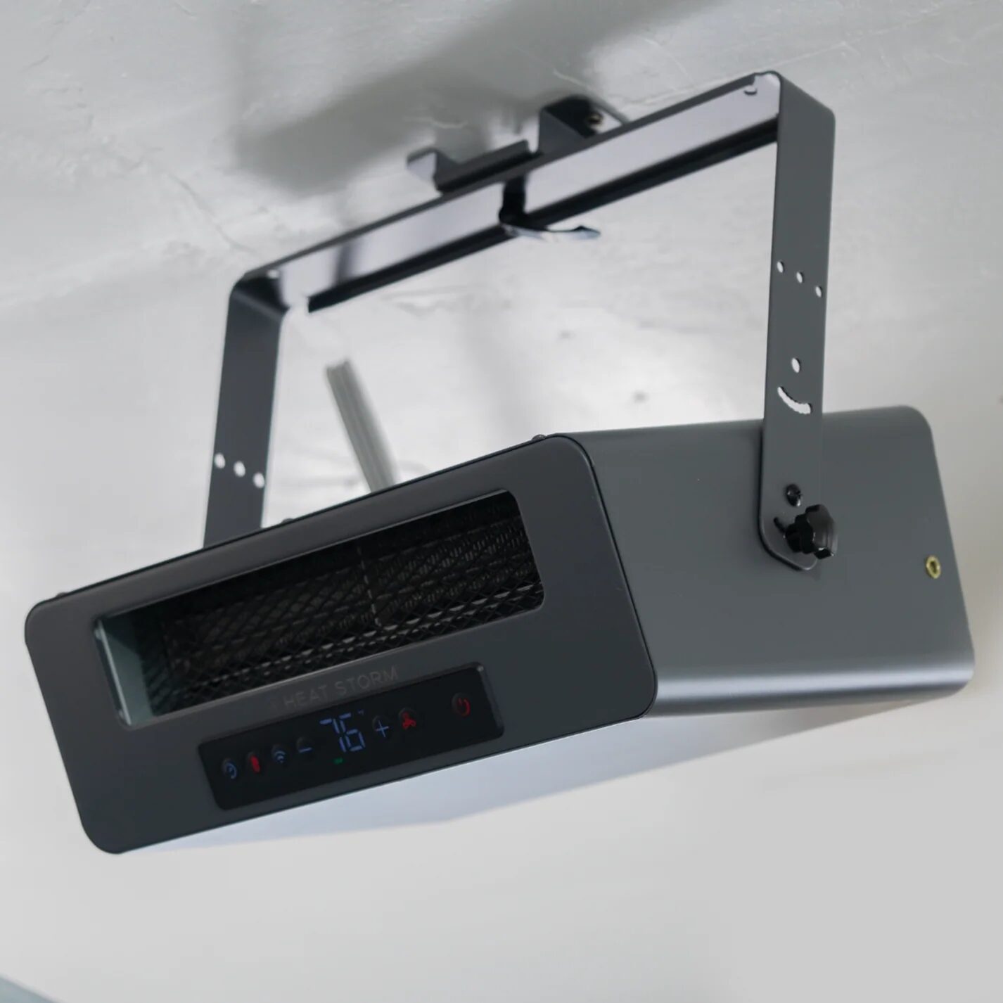 Heat Storm 6000-Watt Wi-Fi garage heater mounted on a ceiling bracket